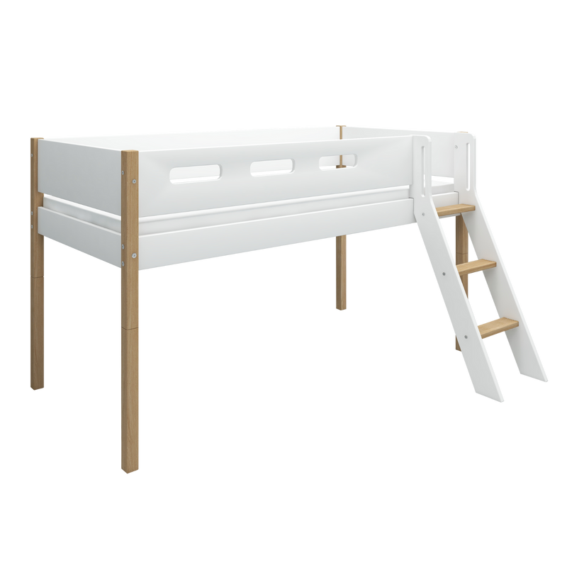 Mid-high Bed with Slanting Ladder and Safety Rail, 90x200 cm, White/Oak