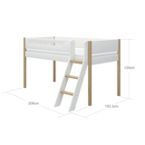 Mid-High Bed with Ladder and Safety Rail, 90x200 cm, White/Oak