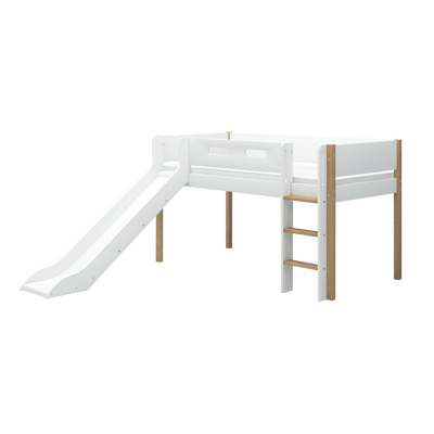 Mid-high Bed with Slide and Safety Rail, 90x200 cm, White/Oak