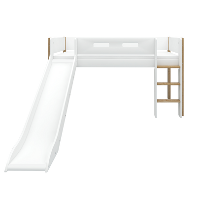 Mid-high Bed with Slide and Safety Rail, 90x200 cm, White/Oak