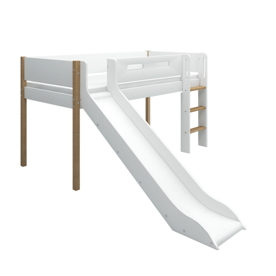 Mid-high Bed with Slide and Safety Rail, 90x200 cm, White/Oak