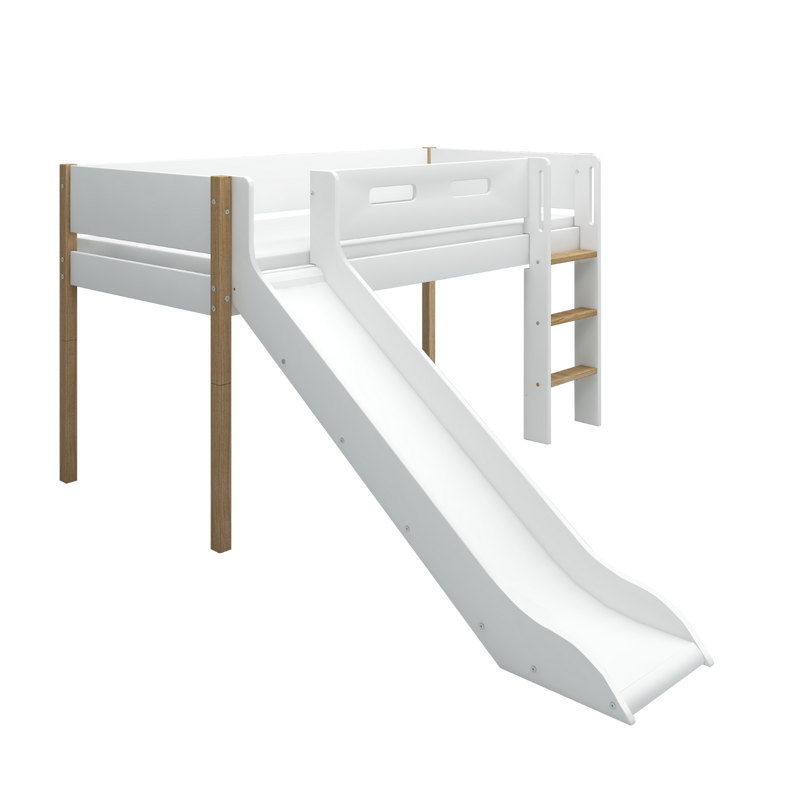 Mid-high Bed with Slide and Safety Rail, 90x200 cm, White/Oak