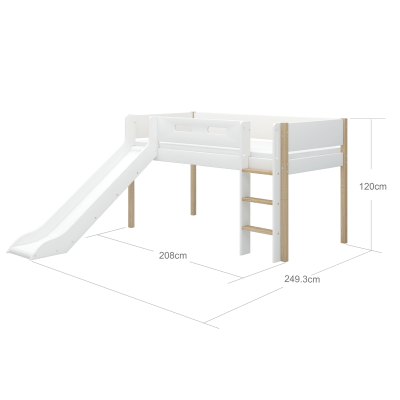 Mid-high Bed with Slide and Safety Rail, 90x200 cm, White/Oak