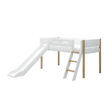 Mid-High Bed with Slide, Ladder and Safety Rail, 90x200 cm, White/Oak