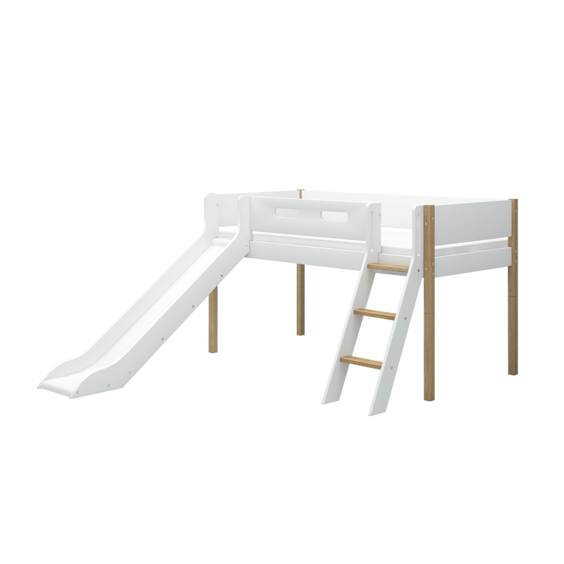 Cama alta 120 cm con tobogán, escalera y barrera de seguridad, 90x200 cm, Blanco/Roble