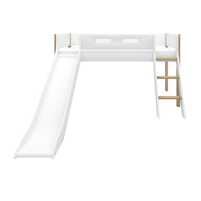 Cama alta 120 cm con tobogán, escalera y barrera de seguridad, 90x200 cm, Blanco/Roble