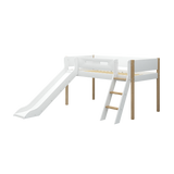Mid-High Bed with Slide, Ladder and Safety Rail, 90x200 cm, White/Oak
