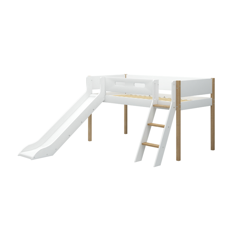 Cama alta 120 cm con tobogán, escalera y barrera de seguridad, 90x200 cm, Blanco/Roble