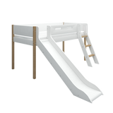 Mid-High Bed with Slide, Ladder and Safety Rail, 90x200 cm, White/Oak