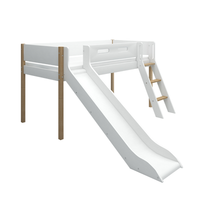 Cama alta 120 cm con tobogán, escalera y barrera de seguridad, 90x200 cm, Blanco/Roble