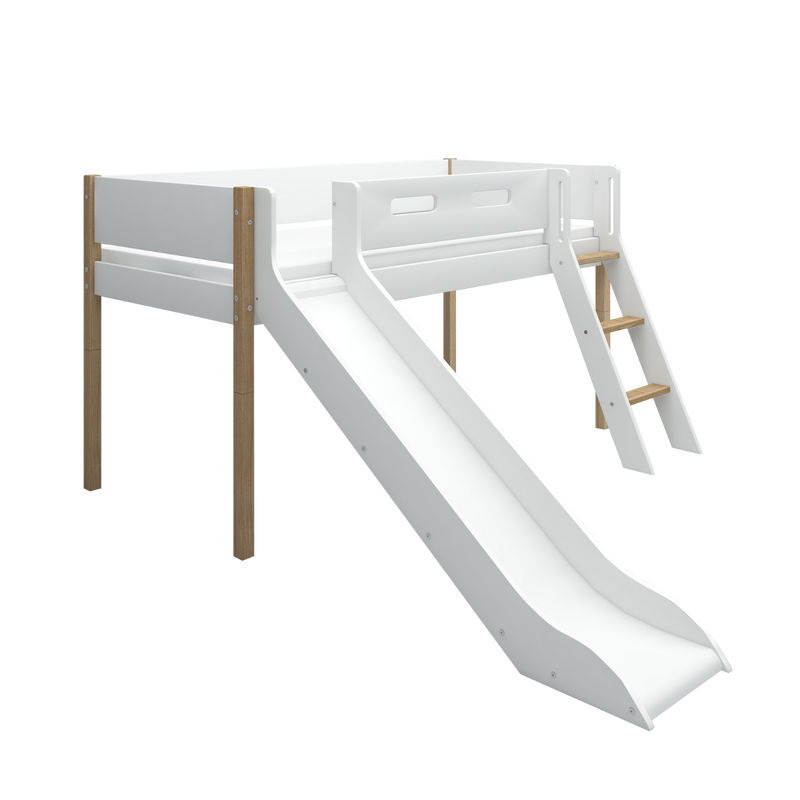 Cama alta 120 cm con tobogán, escalera y barrera de seguridad, 90x200 cm, Blanco/Roble