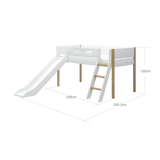 Mid-High Bed with Slide, Ladder and Safety Rail, 90x200 cm, White/Oak