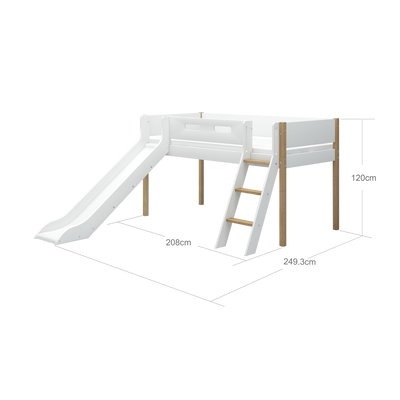Cama alta 120 cm con tobogán, escalera y barrera de seguridad, 90x200 cm, Blanco/Roble