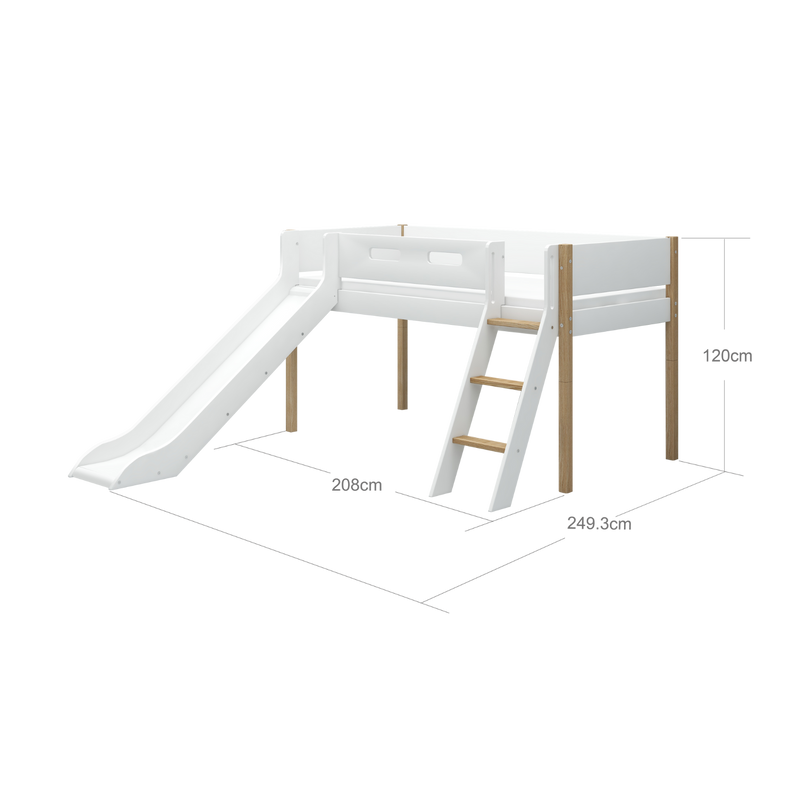 Cama alta 120 cm con tobogán, escalera y barrera de seguridad, 90x200 cm, Blanco/Roble