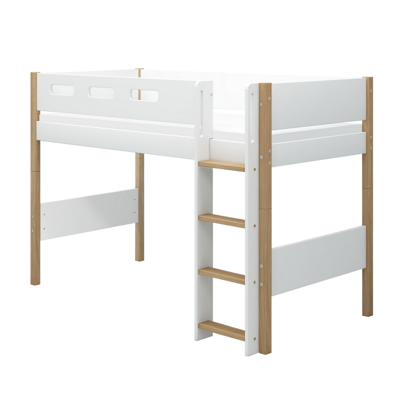 Semi-high Bed with Straight Ladder and Safety Rail, 90x200 cm, White/Oak