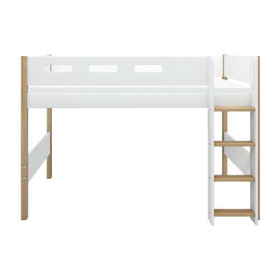 Semi-high Bed with Straight Ladder and Safety Rail, 90x200 cm, White/Oak