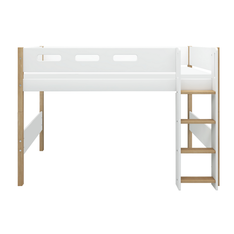 Semi-high Bed with Straight Ladder and Safety Rail, 90x200 cm, White/Oak