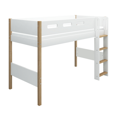 Semi-high Bed with Straight Ladder and Safety Rail, 90x200 cm, White/Oak