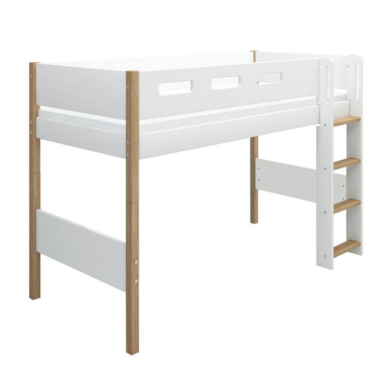 Semi-high Bed with Straight Ladder and Safety Rail, 90x200 cm, White/Oak