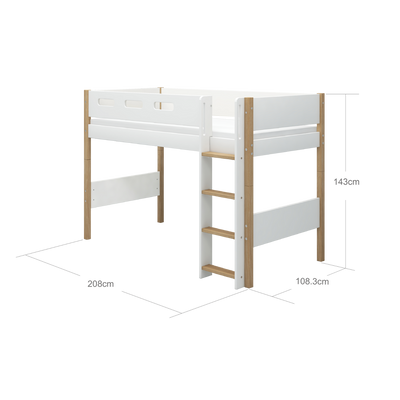 Semi-high Bed with Straight Ladder and Safety Rail, 90x200 cm, White/Oak