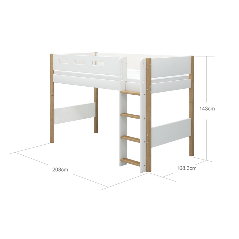 Semi-high Bed with Straight Ladder and Safety Rail, 90x200 cm, White/Oak