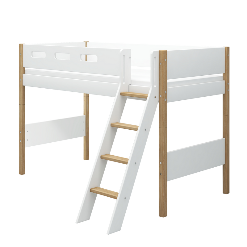 Semi-high Bed with Slanting Ladder and Safety Rail, 90x200 cm, White/Oak