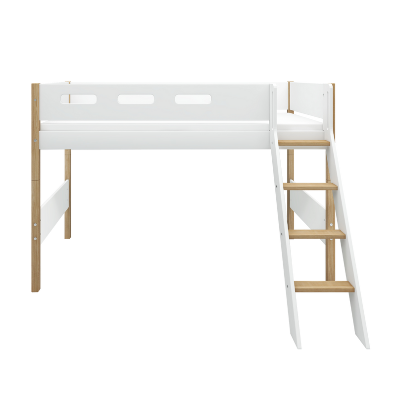 Semi-high Bed with Slanting Ladder and Safety Rail, 90x200 cm, White/Oak