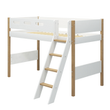 Semi-High Bed with Ladder and Safety Rail, 90x200 cm, White/Oak