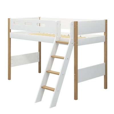 Semi-high Bed with Slanting Ladder and Safety Rail, 90x200 cm, White/Oak