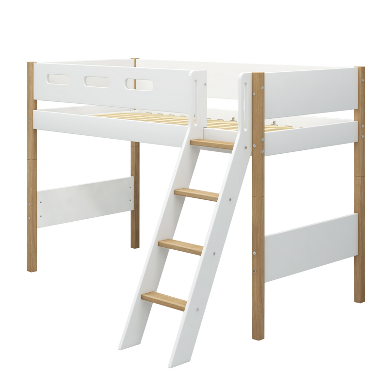 Semi-high Bed with Slanting Ladder and Safety Rail, 90x200 cm, White/Oak