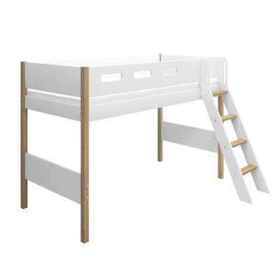 Semi-high Bed with Slanting Ladder and Safety Rail, 90x200 cm, White/Oak