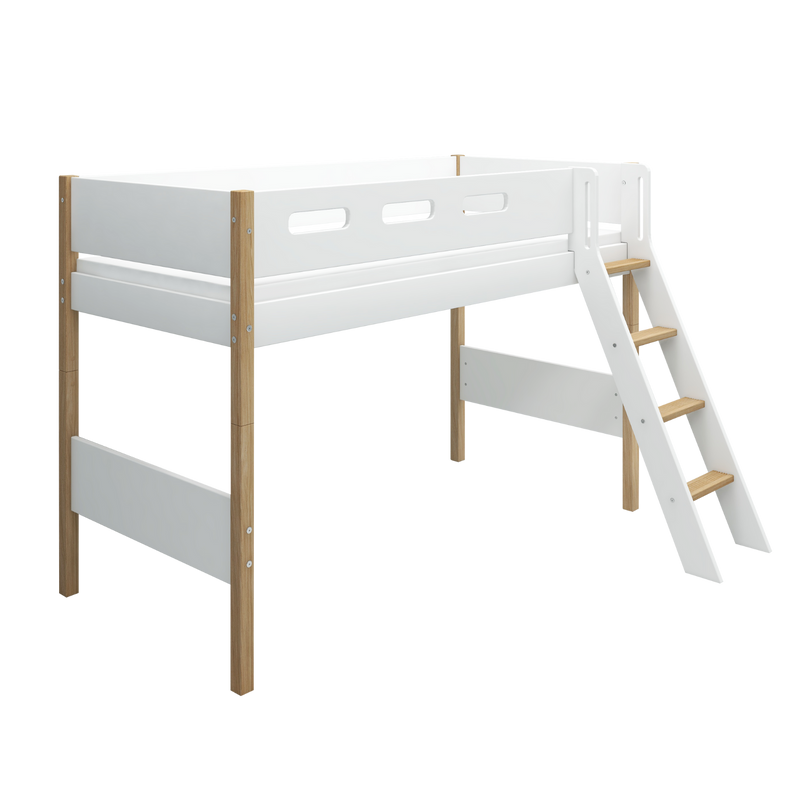 Semi-high Bed with Slanting Ladder and Safety Rail, 90x200 cm, White/Oak