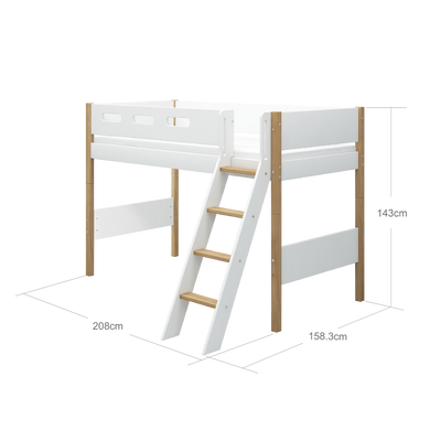 Semi-high Bed with Slanting Ladder and Safety Rail, 90x200 cm, White/Oak