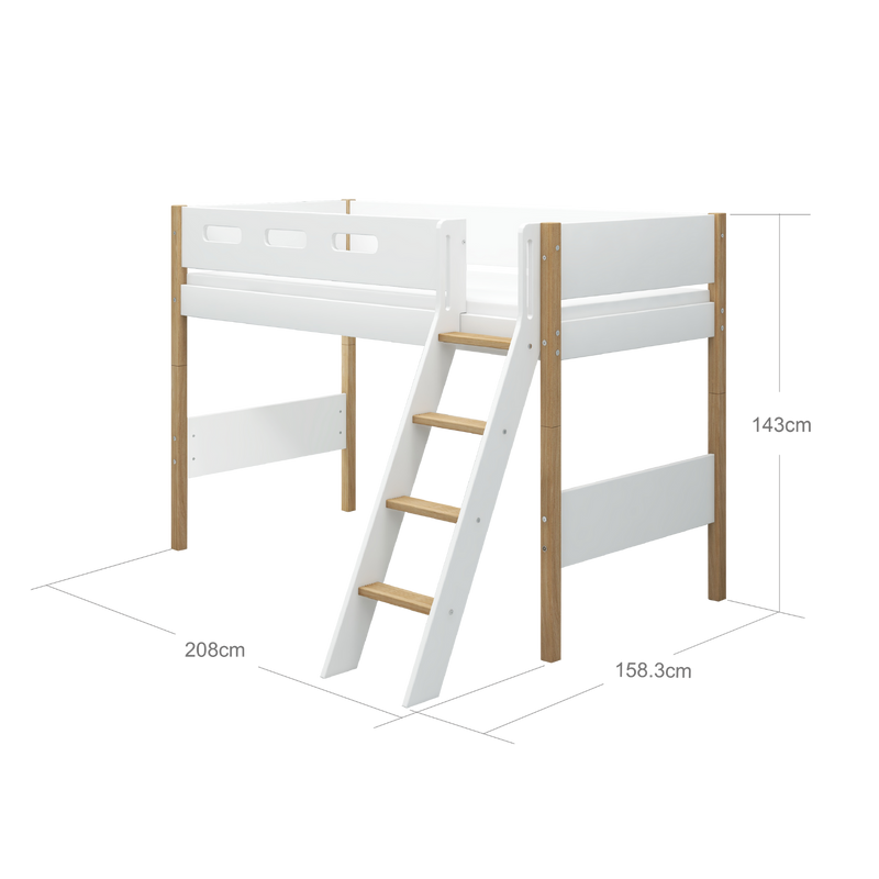 Semi-high Bed with Slanting Ladder and Safety Rail, 90x200 cm, White/Oak