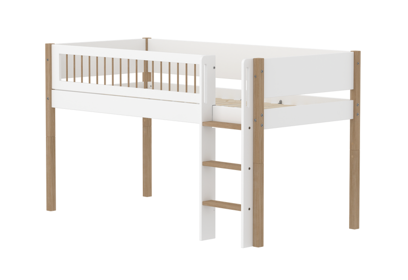 Mid-high bed with Straight Ladder and Safety Rails, 90x200 cm, White/Oak