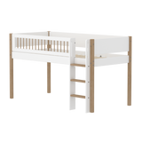 Mid-High Bed with Ladder and Safety Rail, 90x200 cm, White/Oak