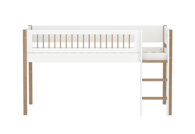 Mid-high bed with Straight Ladder and Safety Rails, 90x200 cm, White/Oak