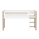 Mid-High Bed with Ladder and Safety Rail, 90x200 cm, White/Oak
