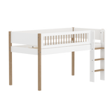 Mid-High Bed with Ladder and Safety Rail, 90x200 cm, White/Oak