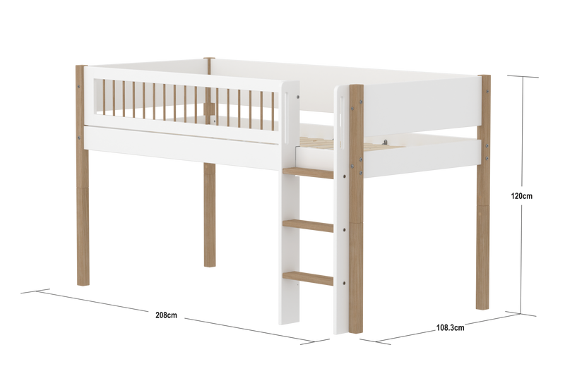 Mid-high bed with Straight Ladder and Safety Rails, 90x200 cm, White/Oak