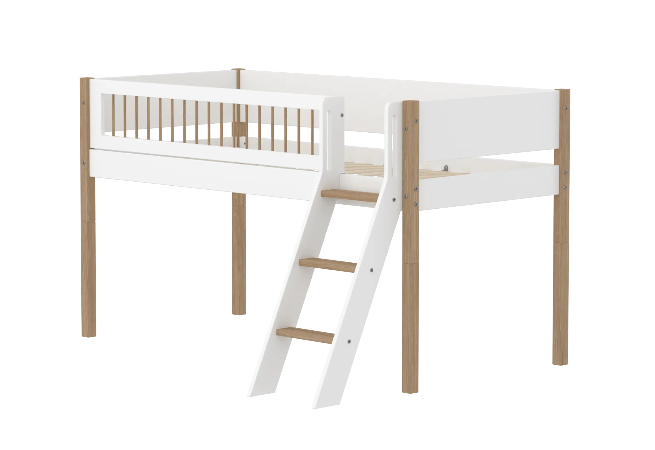 High Bed 120 cm with Ladder and Safety Rail, 90x200 cm, White/Oak MID_HIGH-BED midslp-f-wht-mdf-200x90-legs-crossbars-oak-sl-ladder  flexa-com.myshopify.com