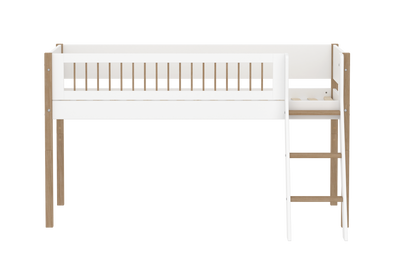 Mid-high Bed with Slanting Ladder and Safety Rails, 90x200 cm, White/Oak