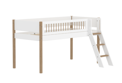 Mid-high Bed with Slanting Ladder and Safety Rails, 90x200 cm, White/Oak