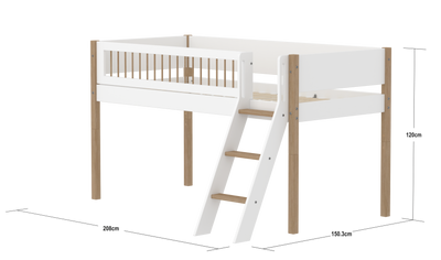 Mid-high Bed with Slanting Ladder and Safety Rails, 90x200 cm, White/Oak