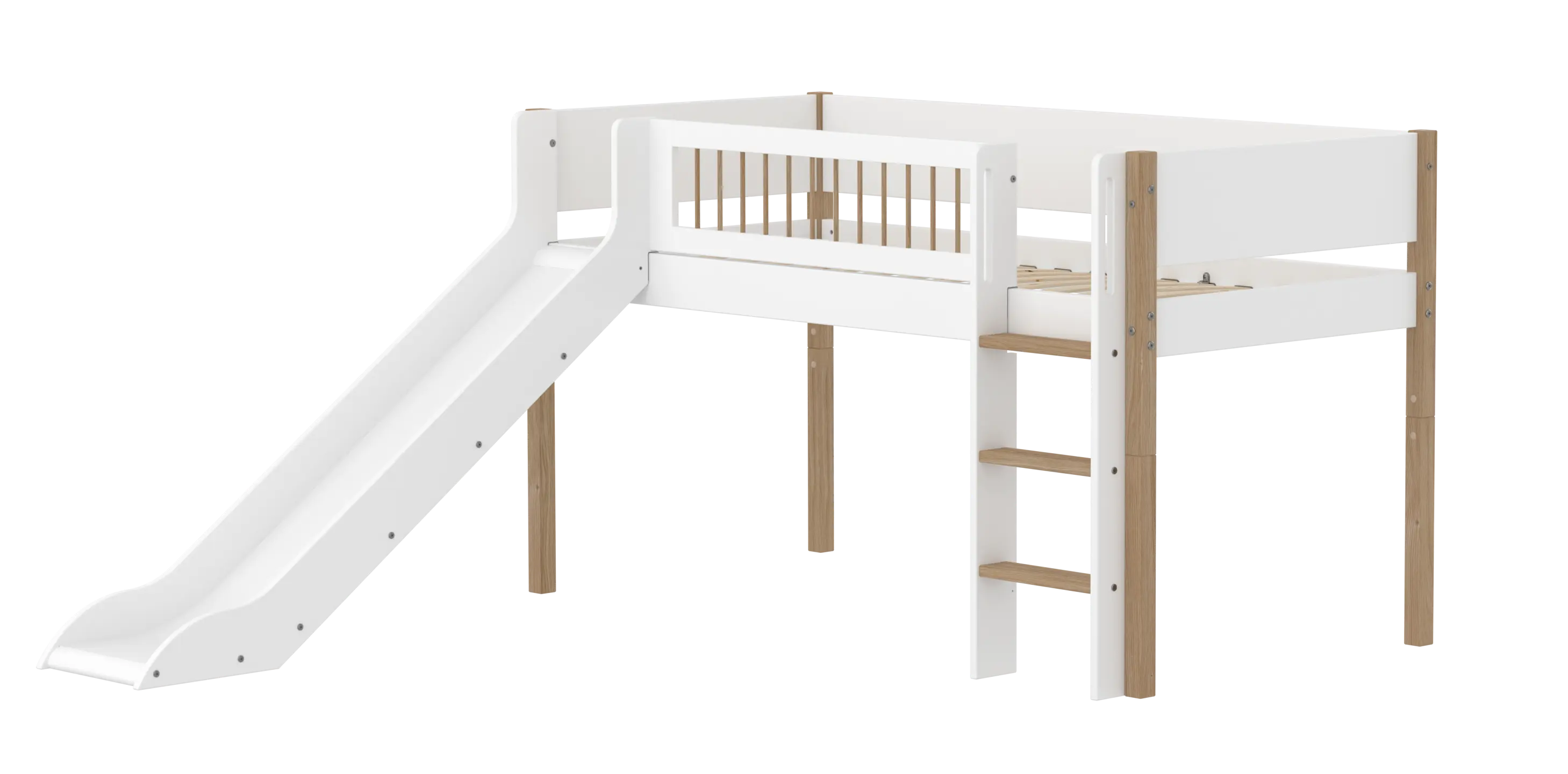 High Bed 120 cm with Slide, Ladder and Safety Rail, 90x200 cm, White/Oak MID_HIGH-BED midslp-slide-f-wht-200x90-legs-crossbars-oak-str-ladder  flexa-com.myshopify.com