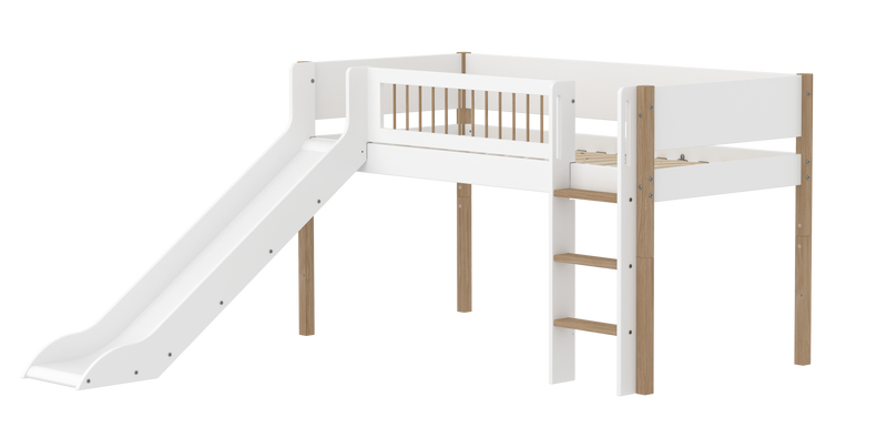 Mid-high Bed with Slide, Straight Ladder and Safety Rails, 90x200 cm, White/Oak