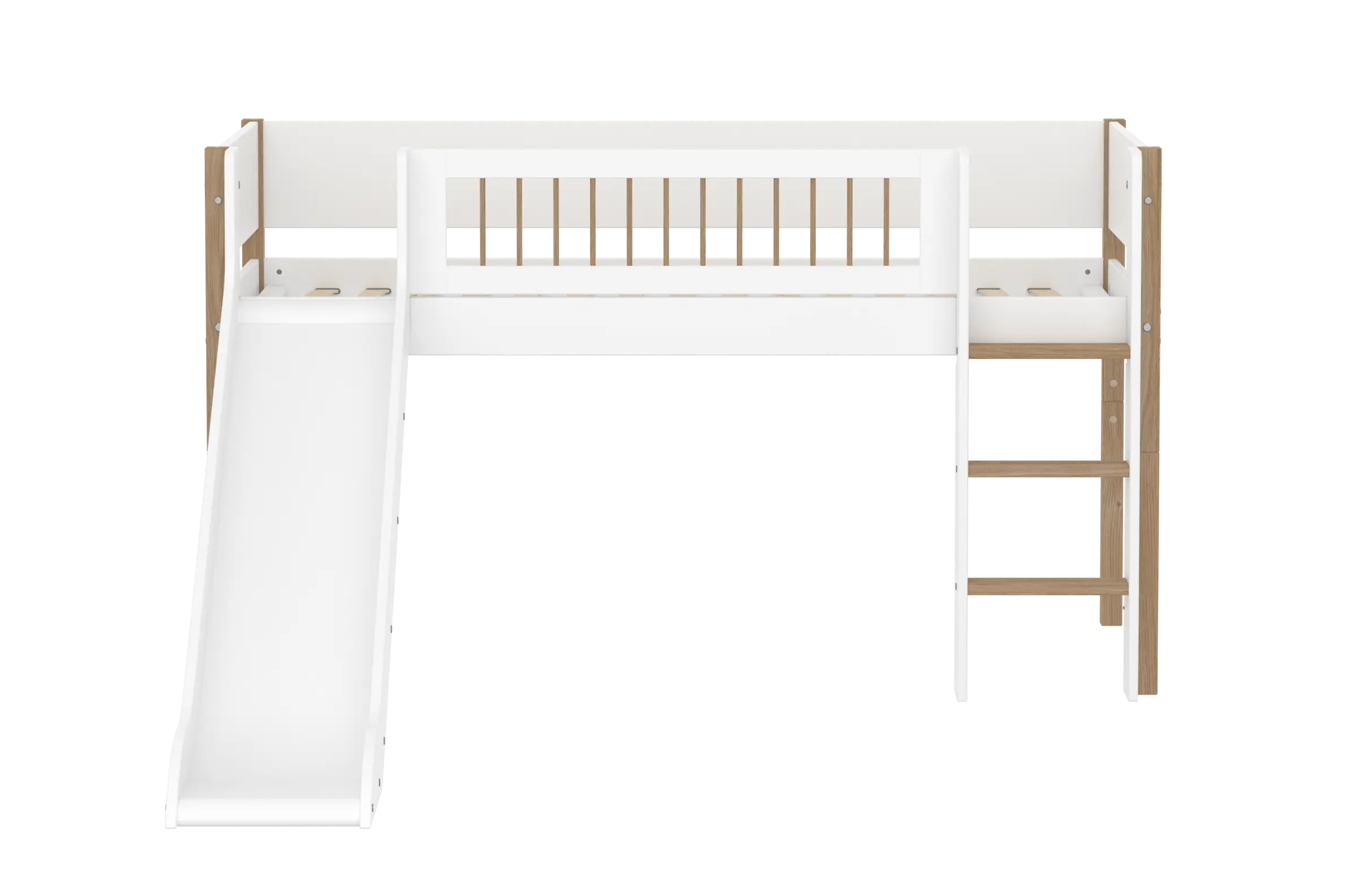 High Bed 120 cm with Slide, Ladder and Safety Rail, 90x200 cm, White/Oak MID_HIGH-BED midslp-slide-f-wht-200x90-legs-crossbars-oak-str-ladder  flexa-com.myshopify.com