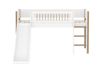 Mid-high Bed with Slide, Straight Ladder and Safety Rails, 90x200 cm, White/Oak