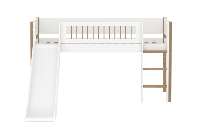 Mid-high Bed with Slide, Straight Ladder and Safety Rails, 90x200 cm, White/Oak