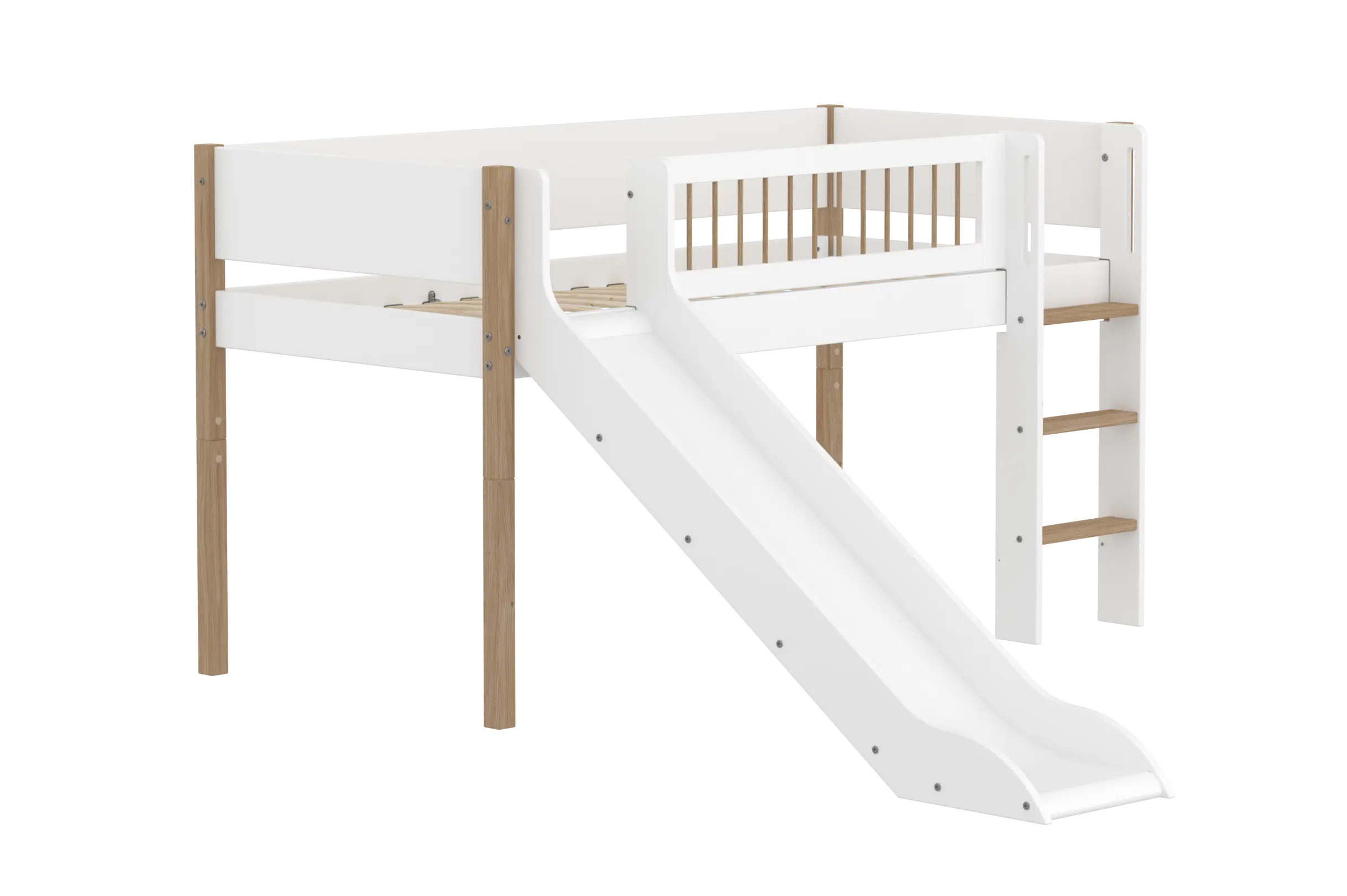 High Bed 120 cm with Slide, Ladder and Safety Rail, 90x200 cm, White/Oak MID_HIGH-BED midslp-slide-f-wht-200x90-legs-crossbars-oak-str-ladder  flexa-com.myshopify.com